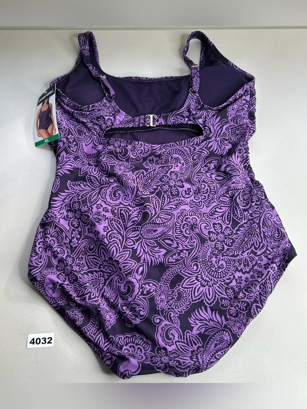 Lands' End Women's Purple Paisley Ruching One Piece Swimsuit Tummy Control XL